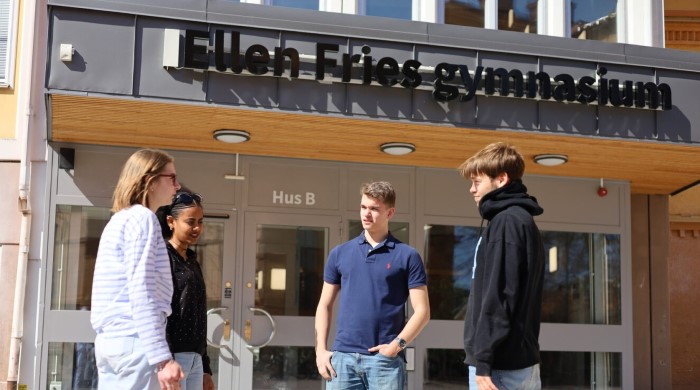 Elever pratar med varandra framför ingången till Ellen Fries gymnasium, Upphovsman: Hugo Appel